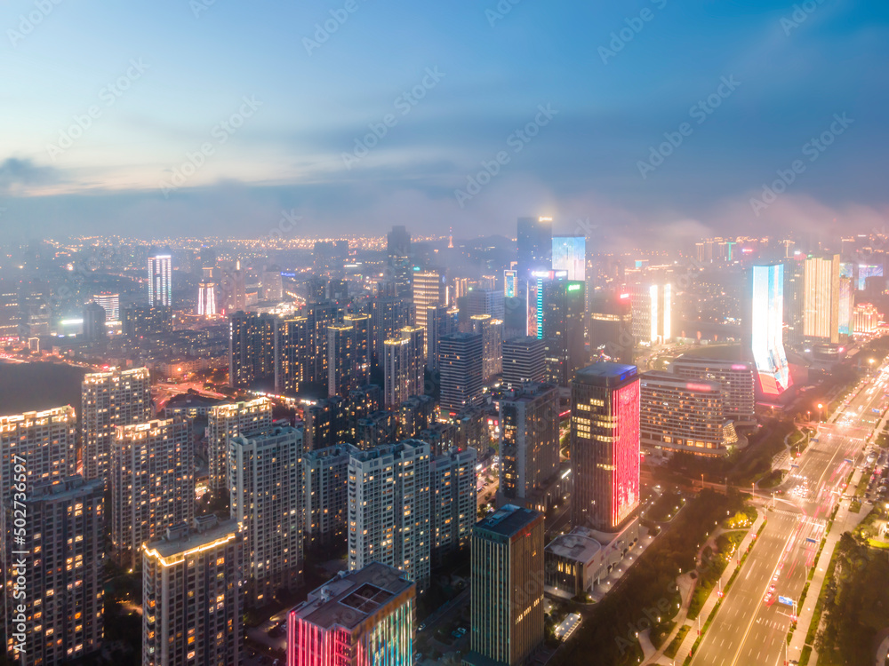 航拍青岛西海岸城市夜景