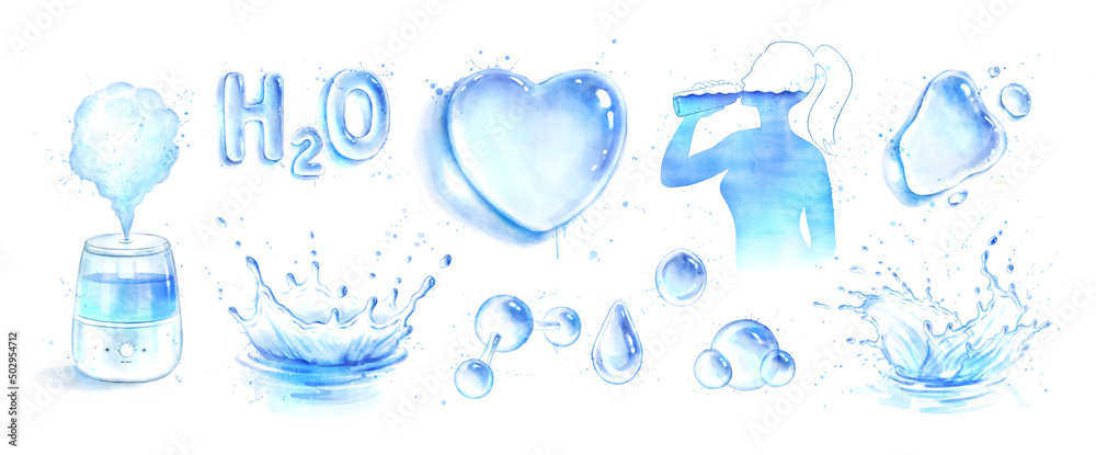 Watercolor set of water balance hydration concept