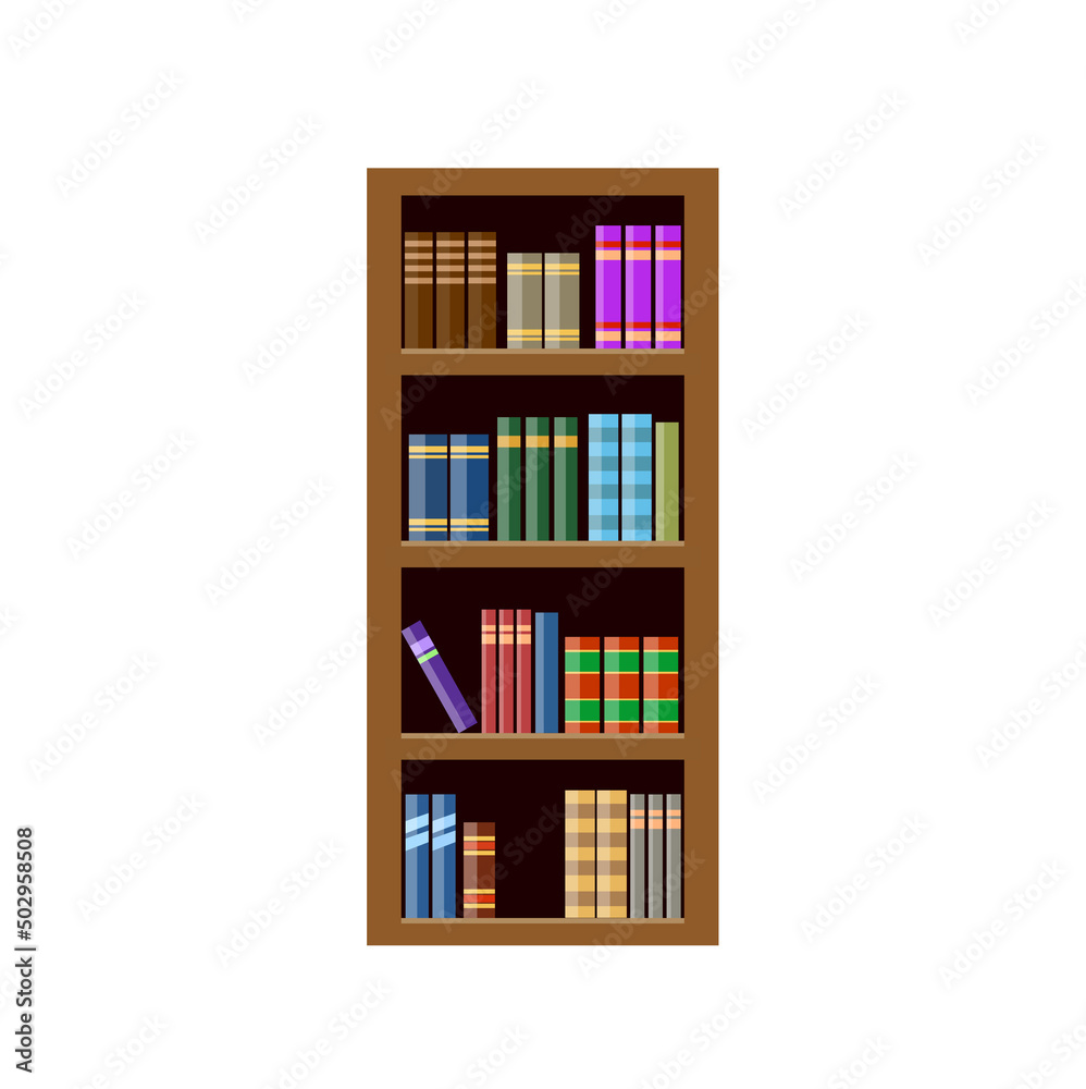 Bookcase with books isolated on white background. Brown wooden bookcases in flat style. Vector stock