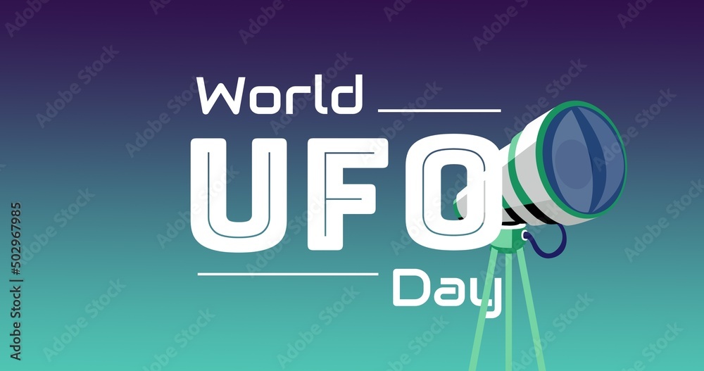 Illustrative image of world ufo day text and telescope against blue background, copy space