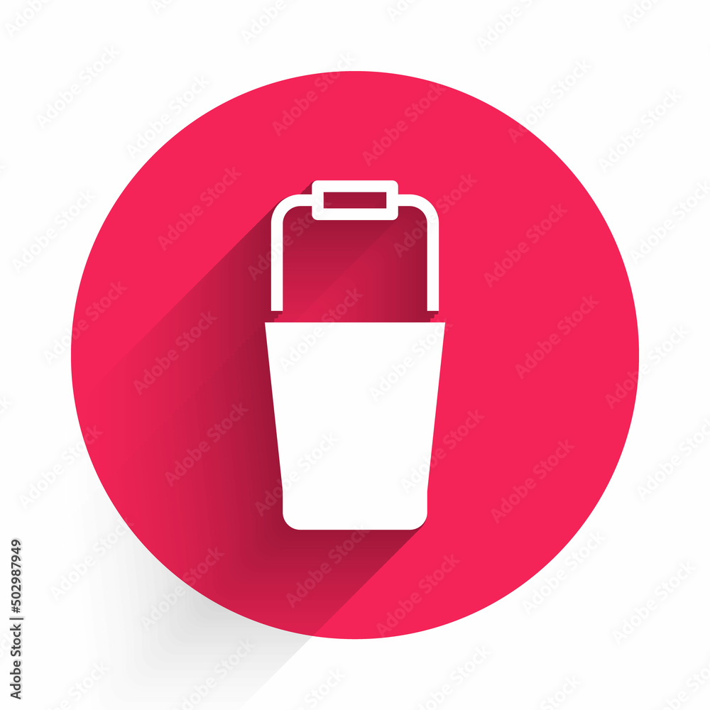 White Sauna bucket icon isolated with long shadow background. Red circle button. Vector