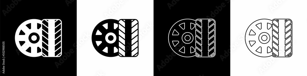 Set Car tire wheel icon isolated on black and white background. Vector