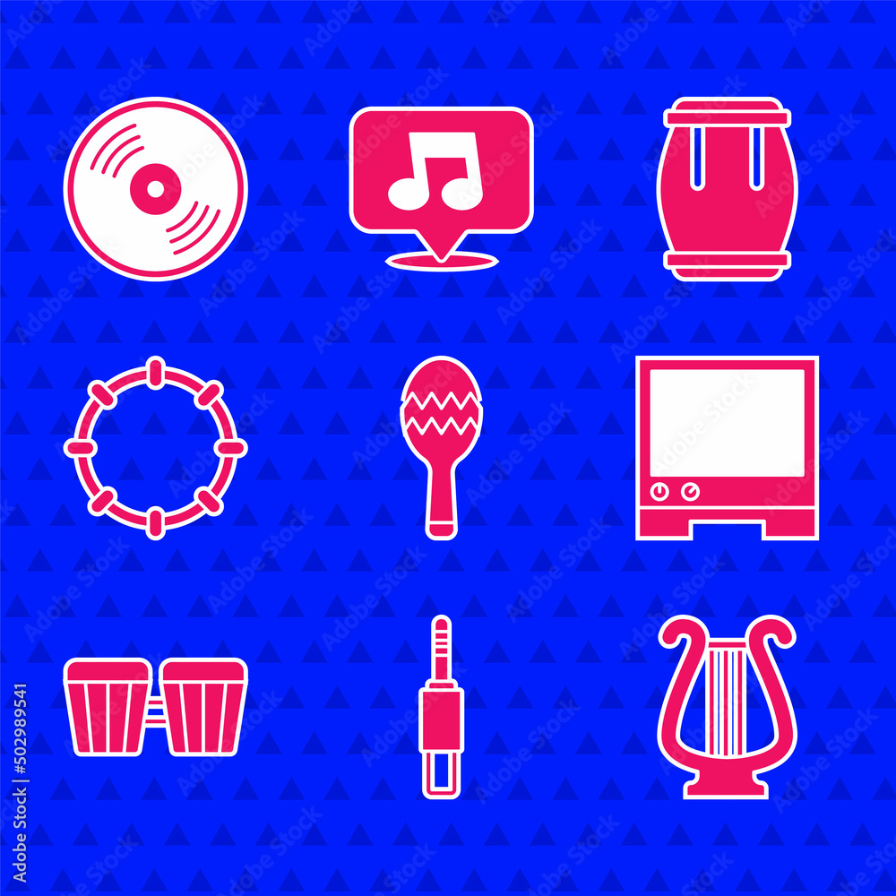 Set Maracas, Audio jack, Ancient lyre, Voice assistant, Drum, Tambourine, and Vinyl disk icon. Vecto