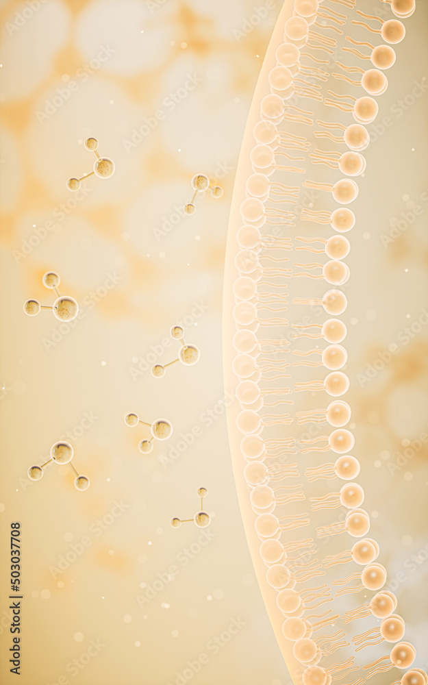 黄色背景的细胞膜，三维渲染。