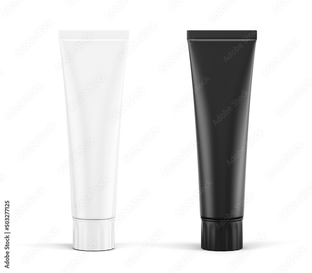 Blank white and black tubes mockup for cream, tooth paste, gel. Empty cosmetic paste plastic packagi