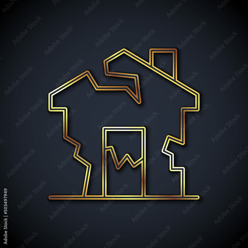 Gold line Ruined house icon isolated on black background. Broken house. Derelict home. Abandoned hom