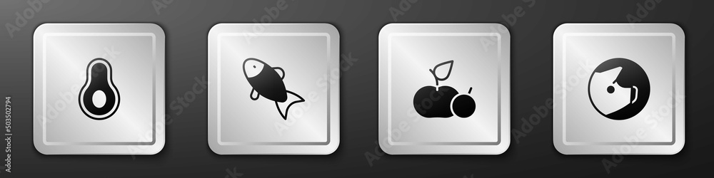 Set Avocado fruit, Fish, Apple and Pig icon. Silver square button. Vector