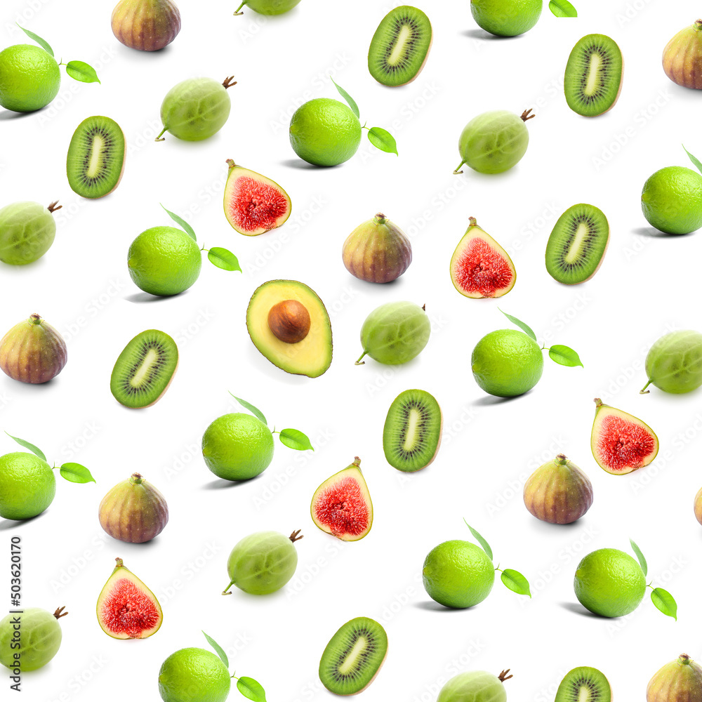 Set of fresh green fruits on white background