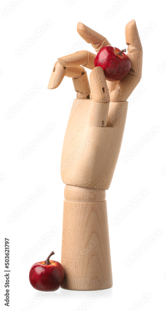 Wooden hand with fruits on white background