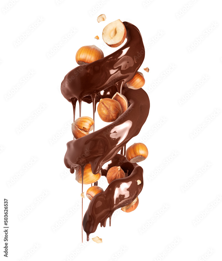 Spiral of chocolate with crushed hazelnuts isolated on a white background