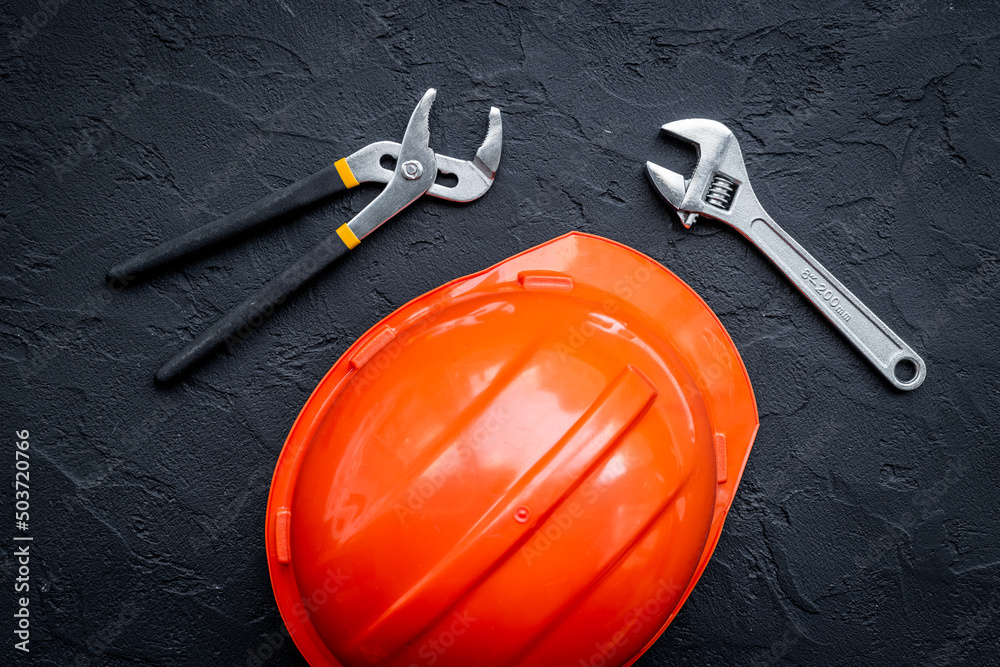 Tools with engineer safety construction helmet top view