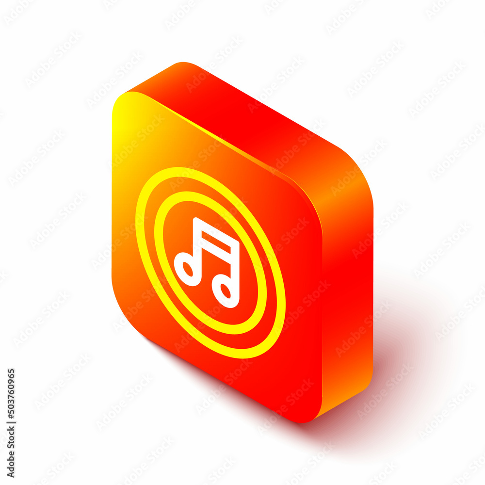 Isometric line Music note, tone icon isolated on white background. Orange square button. Vector