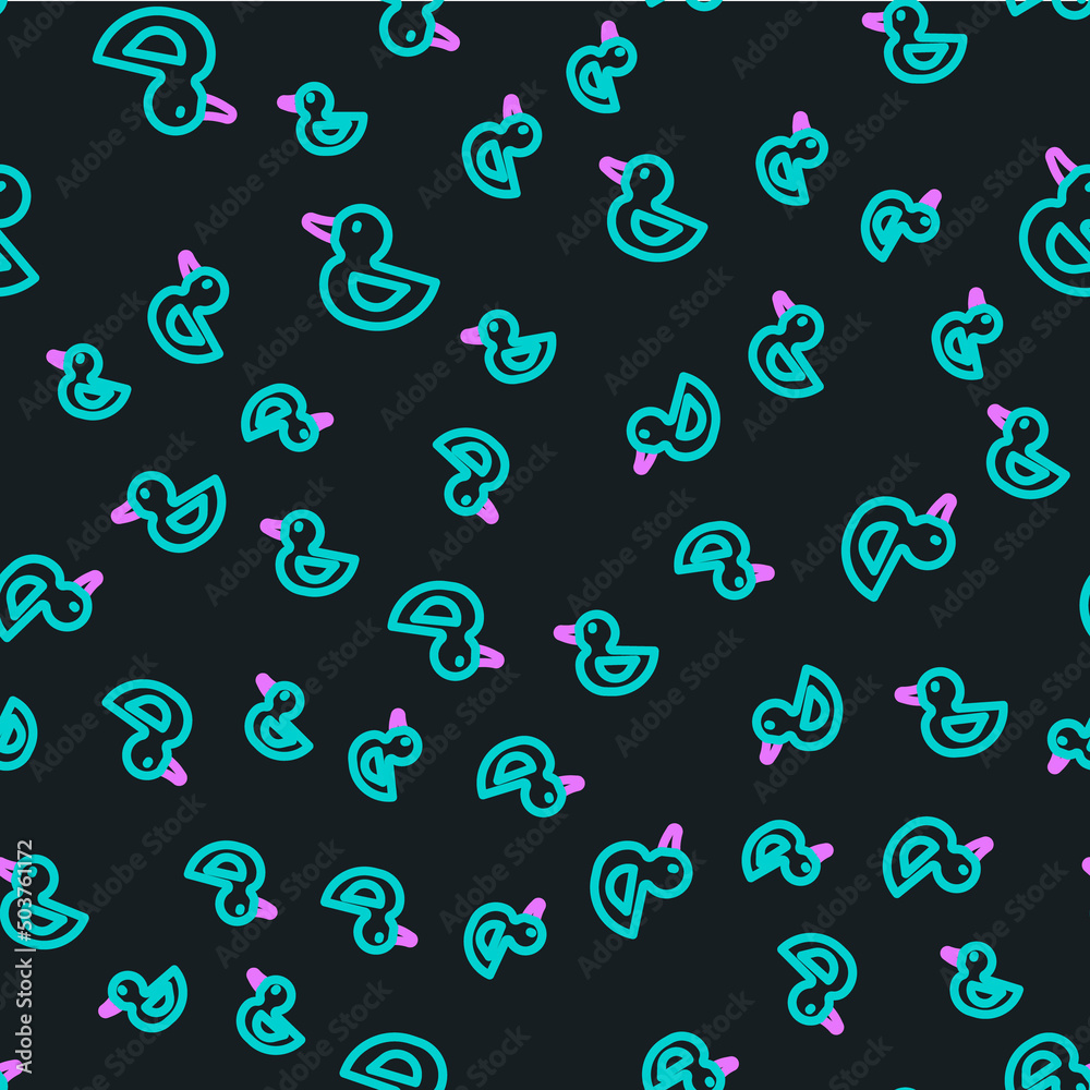 Line Rubber duck icon isolated seamless pattern on black background. Vector