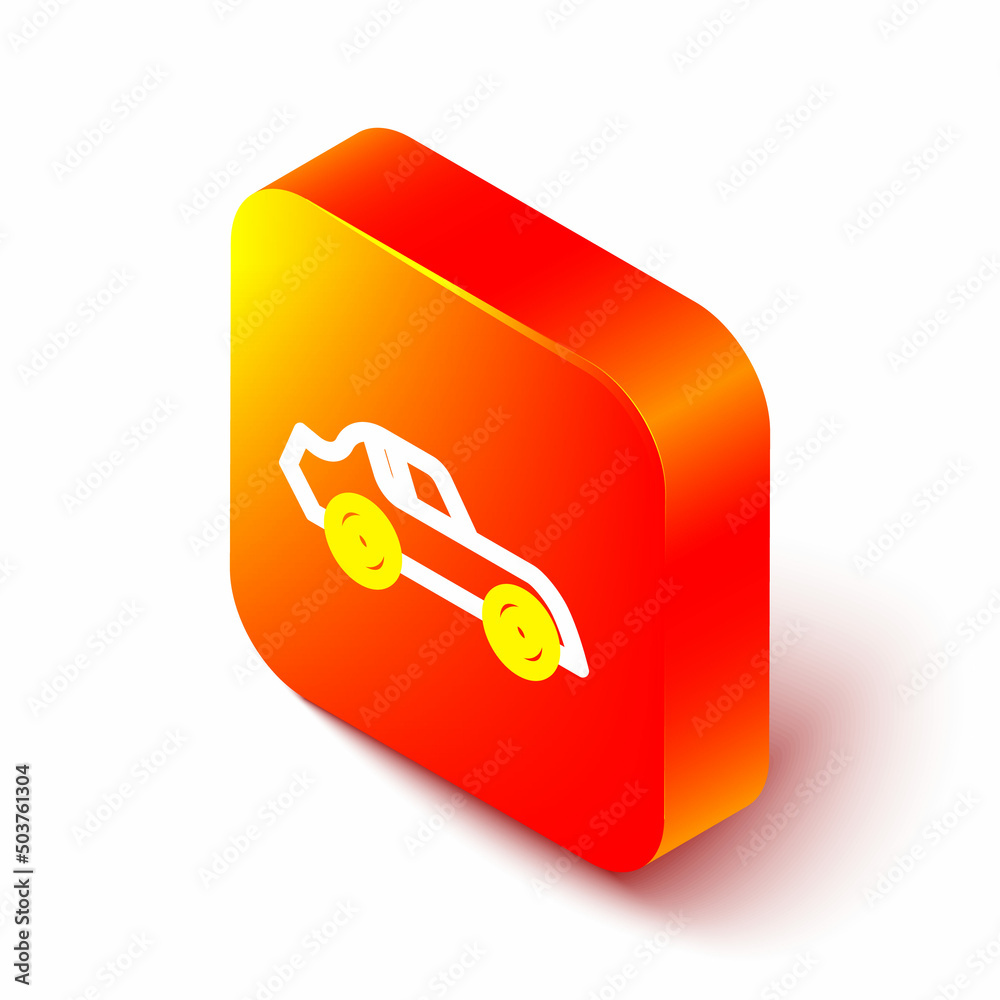 Isometric line Car icon isolated on white background. Orange square button. Vector