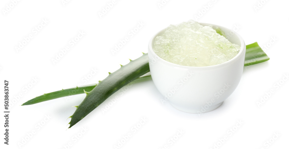 Bowl with fresh aloe vera gel on white background