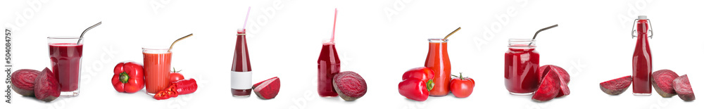 Set of healthy red juices on white background