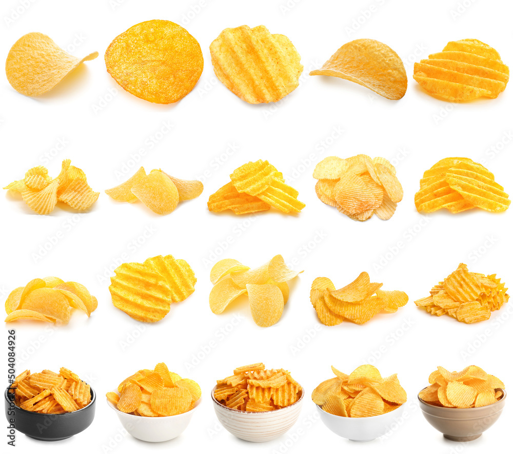 Different tasty potato chips on white background