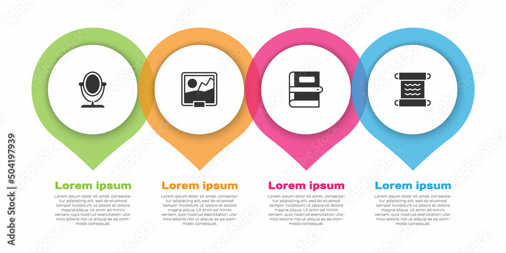 设置圆形化妆镜、图片、书籍和纸莎草卷轴。商业信息图模板。矢量