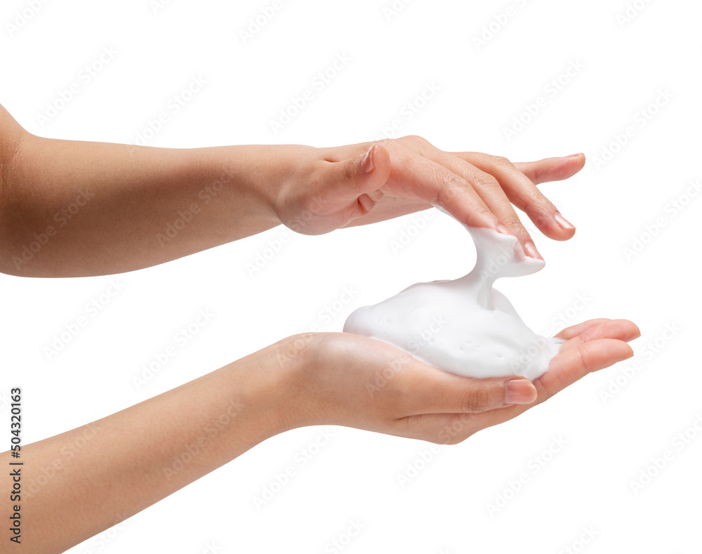 Female hand with soap bubbles on white background.