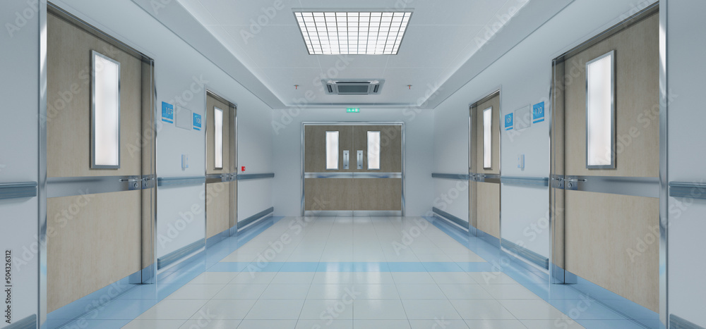 Long white hospital corridor with rooms and seats 3D rendering. Empty accident and emergency interio