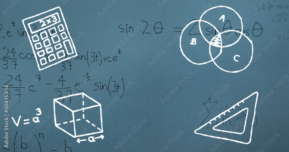 Image of globe over mathematical equations in blue notebook