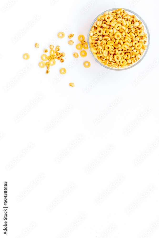 Corn cereals in bowls on white background top view space for text