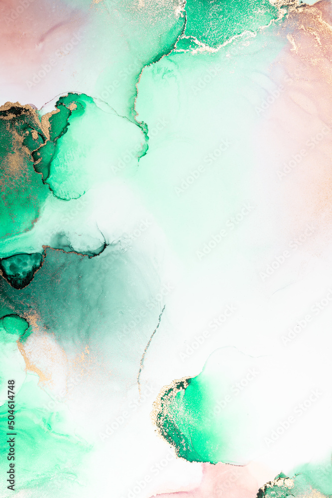 Green gold abstract background of marble liquid ink art painting on paper . Image of original artwor