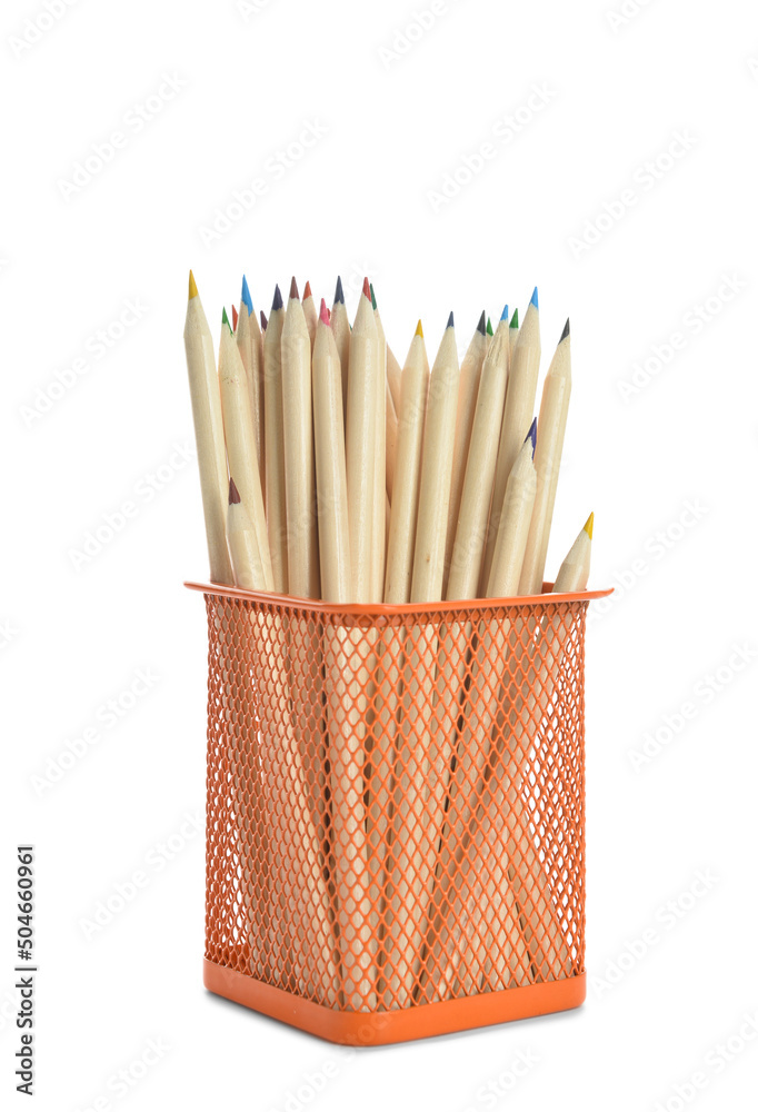 Holder with colorful pencils on white background