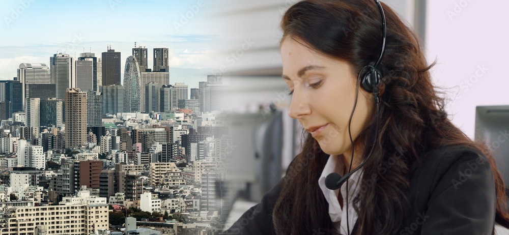 Business people wearing headset working in office to support remote customer or colleague. Call cent