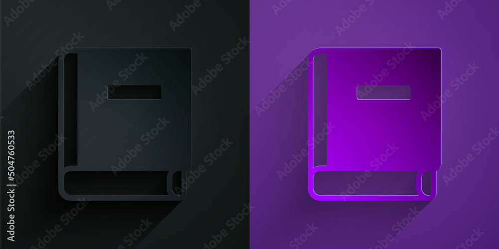 Paper cut Science book icon isolated on black on purple background. Paper art style. Vector