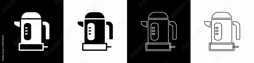 Set Electric kettle icon isolated on black and white background. Teapot icon. Vector