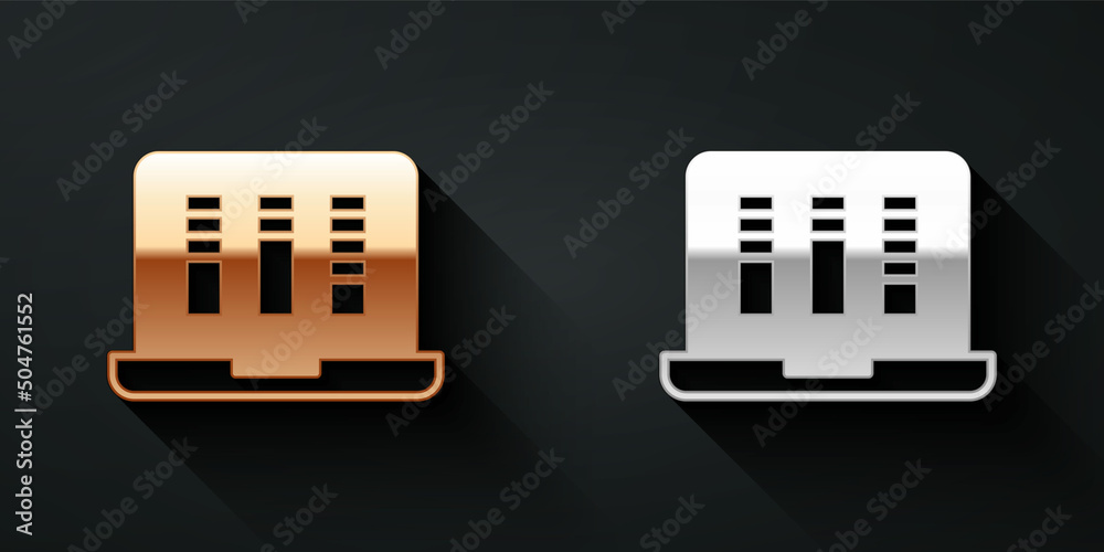 Gold and silver Sound or audio recorder or editor software on laptop icon isolated on black backgrou