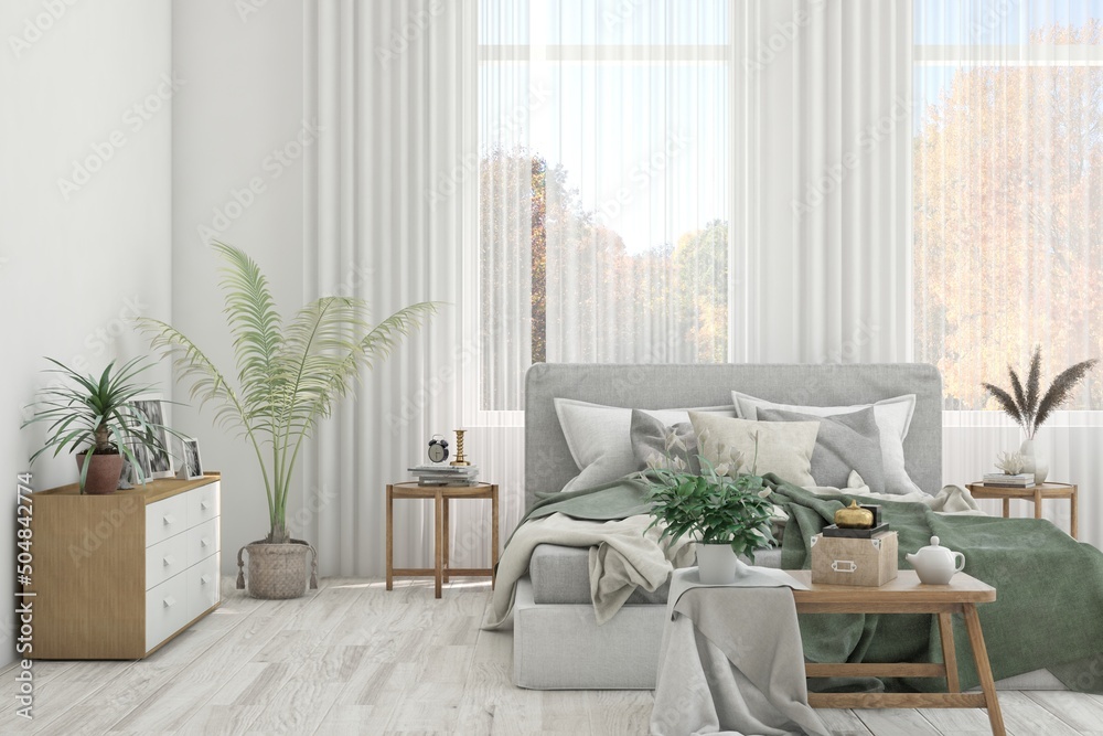 White bedroom interior. Scandinavian design. 3D illustration