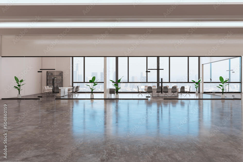 Bright concrete glass meeting room and corridor interior with furniture, window with city view and d