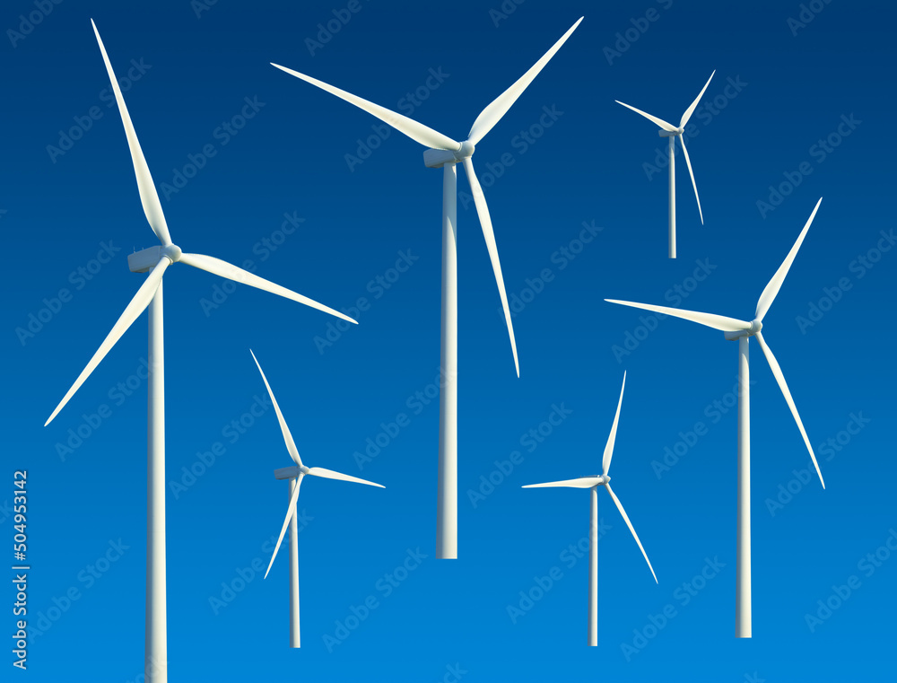 Isolated wind farm. Wind turbines cut out collection over blue sky background