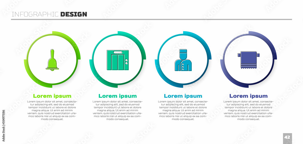 Set Hotel service bell, Lift, Concierge and Towel hanger. Business infographic template. Vector