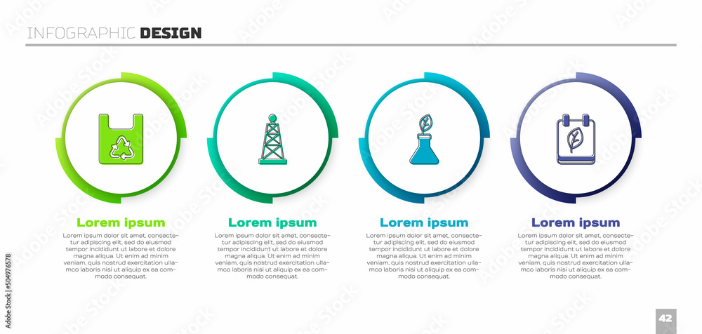 Set Shopping bag with recycle, Oil rig, Plant breeding and Calendar autumn leaves. Business infograp