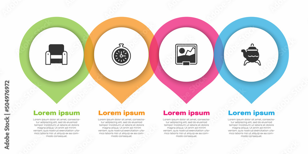 套装扶手椅、怀表、图片和经典茶壶。商业信息图模板。矢量