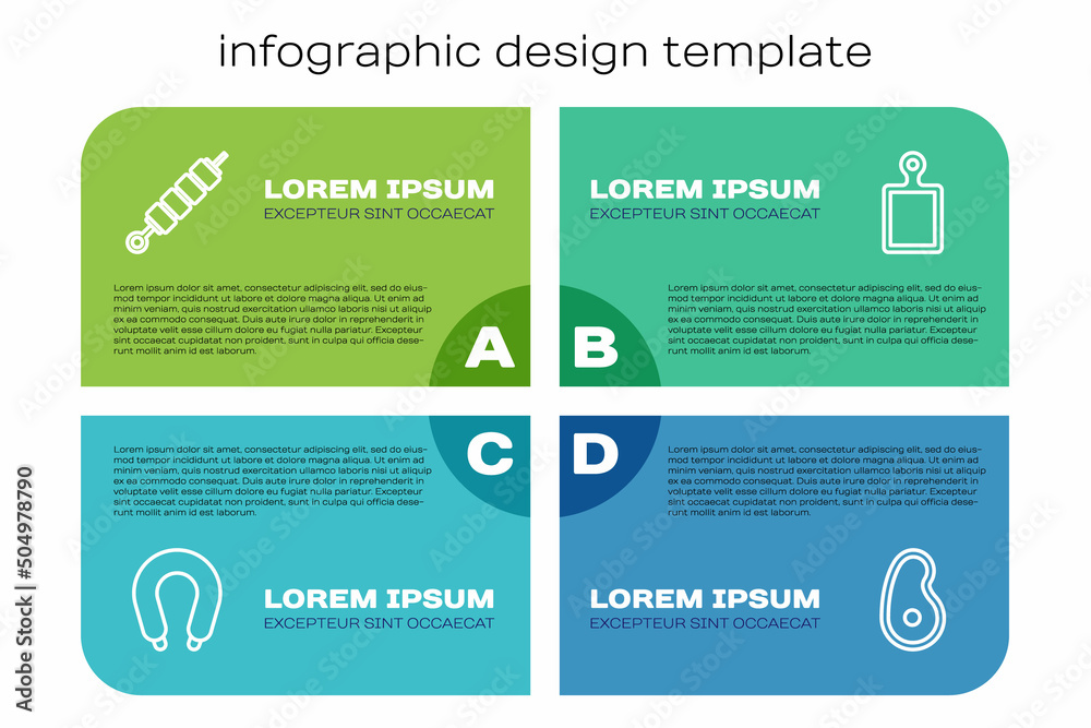 套餐香肠、烤羊肉串、牛排和砧板。商业信息图模板。