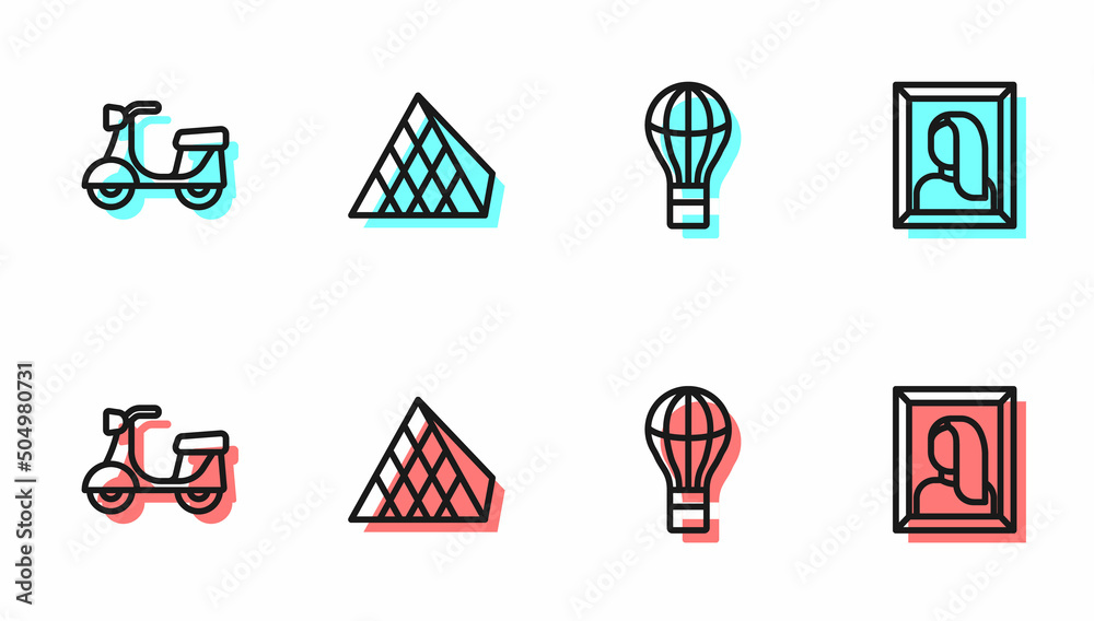 Set line Hot air balloon, Scooter, Louvre glass pyramid and Portrait picture in museum icon. Vector