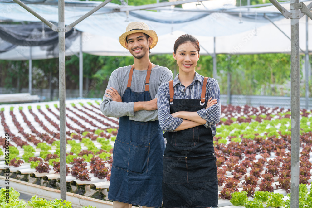 亚洲夫妇农民在蔬菜水培农场工作的肖像。