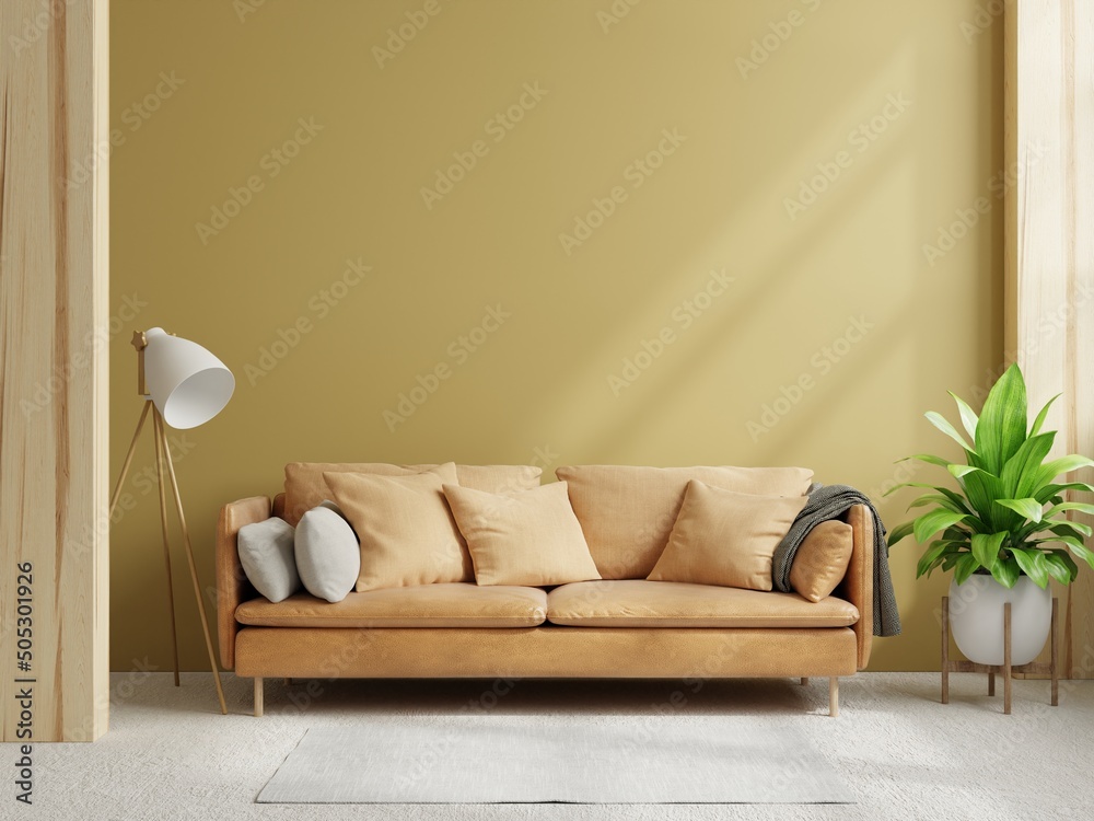 Bright and cozy modern living room interior have sofa and plant with yellow wall.