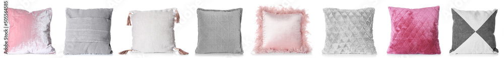 Set of decorative pillows on white background