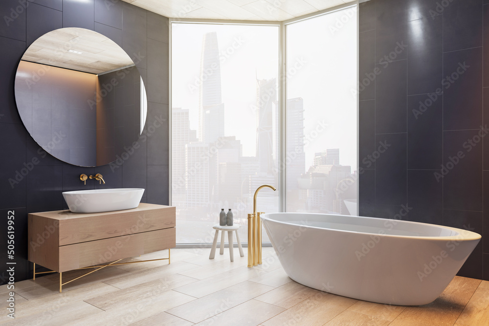 Amazing city view from big window in modern bathroom with stylish interior design, wooden floor and 