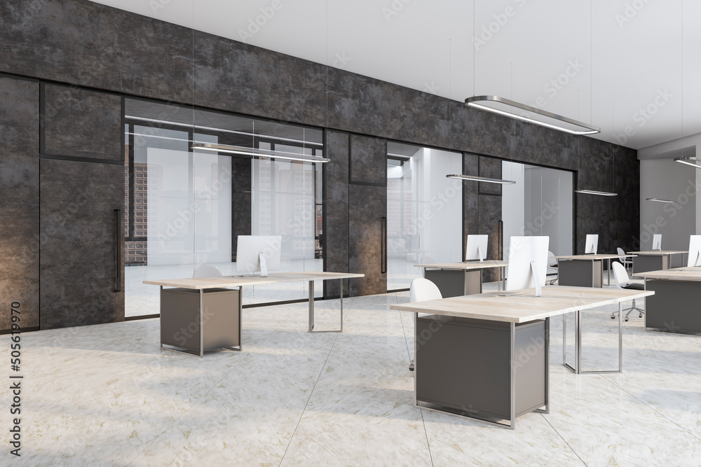 Minimalistic concrete, white and glass meeting room and corridor interior with furniture, window wit