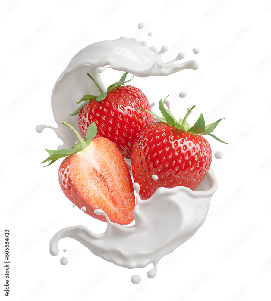 milk or yogurt splash with strawberries isolated on white background, 3d rendering.