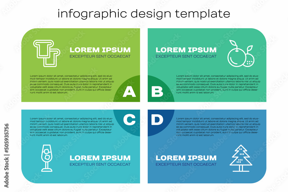 套装酒杯，面包吐司，树和水果。商业信息图模板。矢量