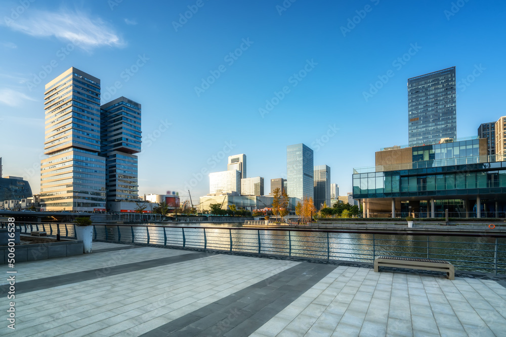 Street view of modern buildings in Ningbo, China