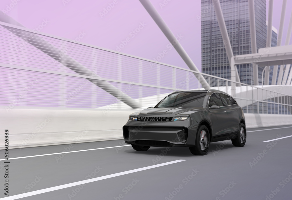 Black electric SUV driving on the highway bridge. 3D rendering image.