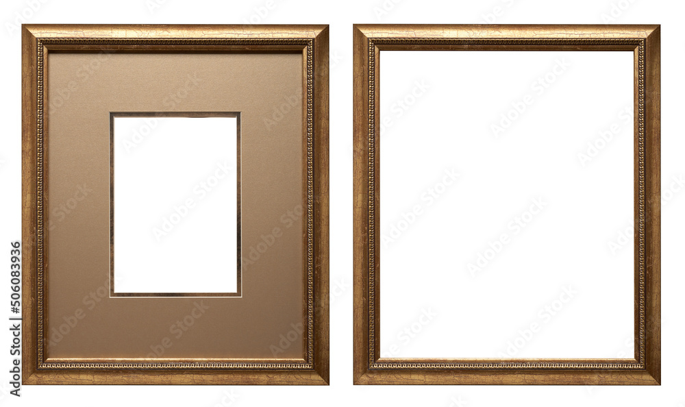 Golden picture frame isolated on white background. Rectangle gold frame with passe-partout.